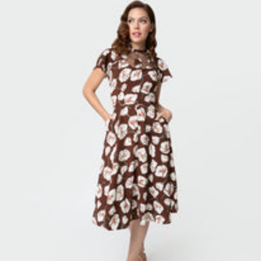 Unique Vintage Brown & White Flower Print Swing Dress